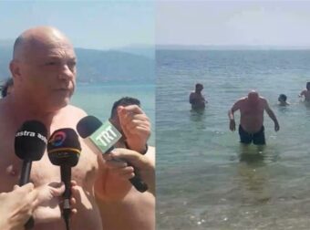 Δροσερός Αχιλλέας Μπeος… για επιθεώρηση: Πήγε να ελέγξει την παραλία με μαγιό κι έκανε το συμβολικό του πρώτο μπάνιο