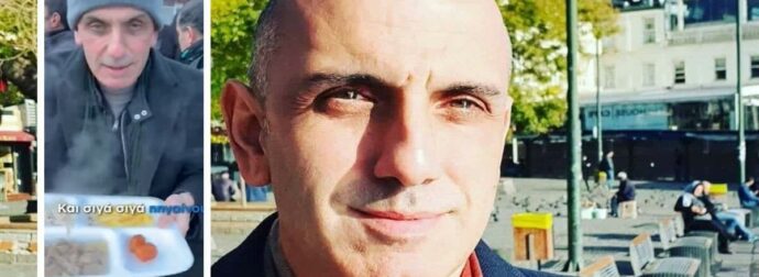 Ο Μανώλης Κωστίδης στην ουρά για το συσσίτιο των δημοσιογράφων που μοιράζουν οι Τούρκοι στα σύνορα